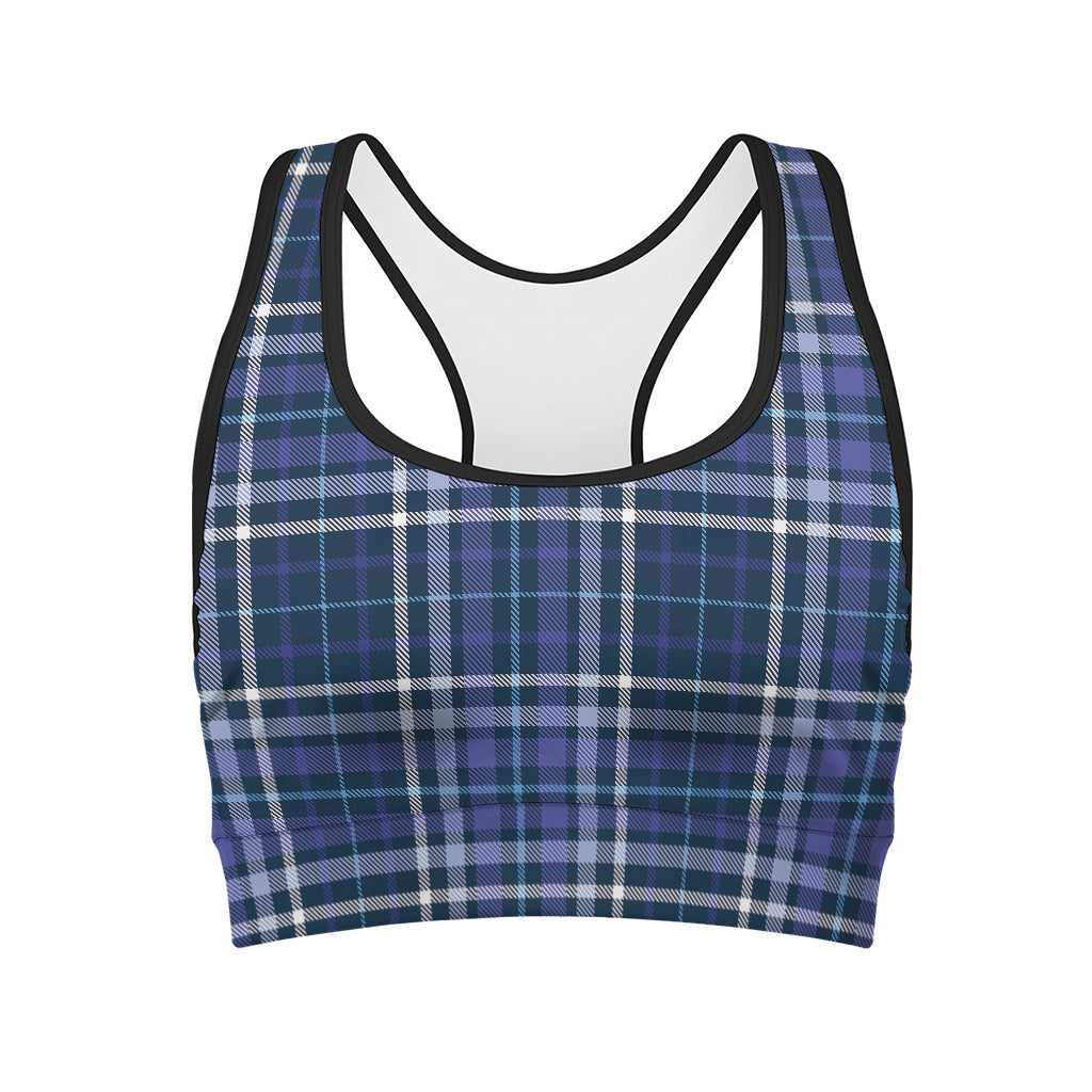 Blue Border Tartan Pattern Print Women's Sports Bra