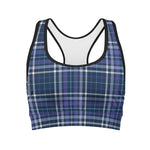 Blue Border Tartan Pattern Print Women's Sports Bra