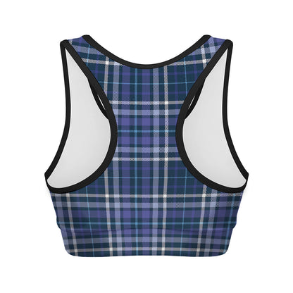 Blue Border Tartan Pattern Print Women's Sports Bra