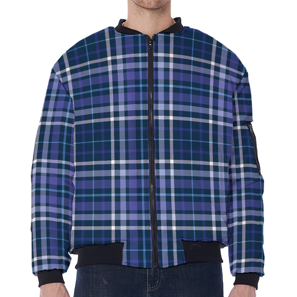 Blue Border Tartan Pattern Print Zip Sleeve Bomber Jacket