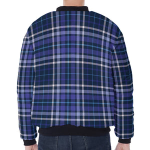 Blue Border Tartan Pattern Print Zip Sleeve Bomber Jacket