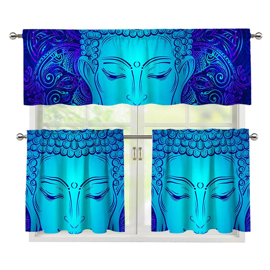 Blue Buddha Print 3 Piece Kitchen Curtains