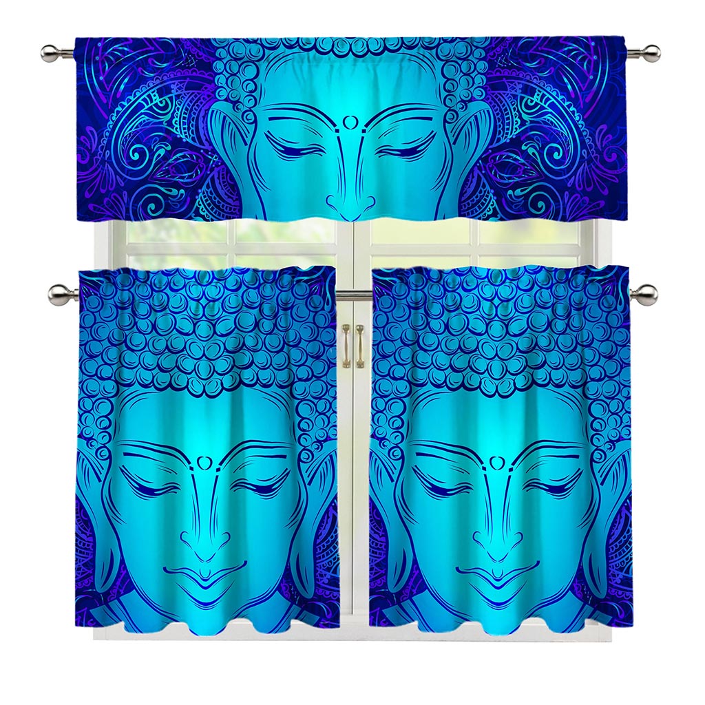 Blue Buddha Print 3 Piece Kitchen Curtains