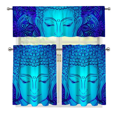 Blue Buddha Print 3 Piece Kitchen Curtains