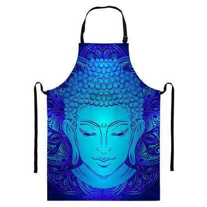 Blue Buddha Print Bib Apron With Pocket