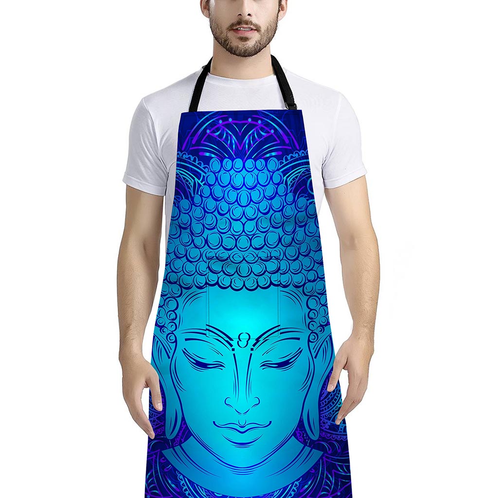 Blue Buddha Print Bib Apron With Pocket