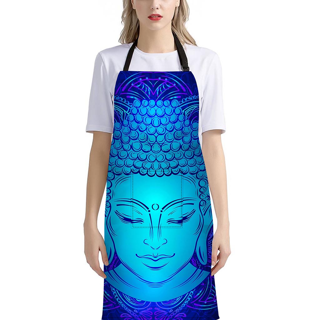 Blue Buddha Print Bib Apron With Pocket