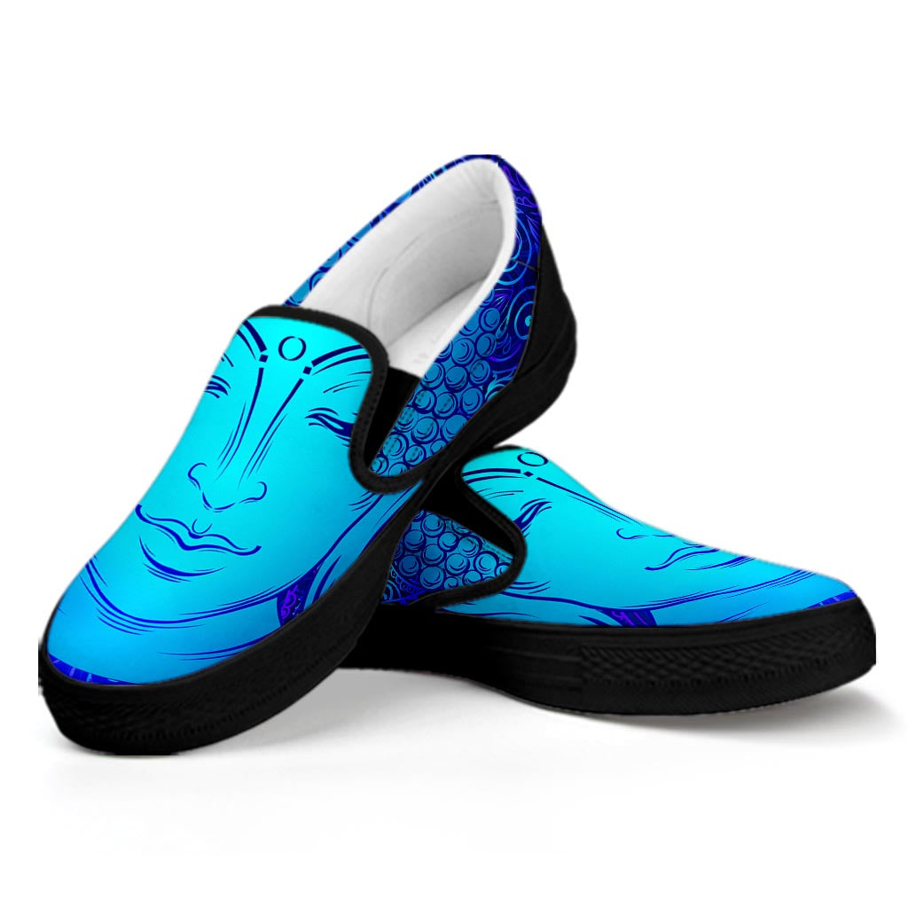 Blue Buddha Print Black Slip On Sneakers