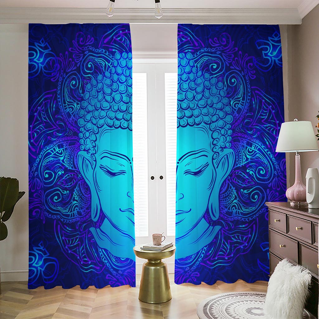 Blue Buddha Print Blackout Pencil Pleat Curtains