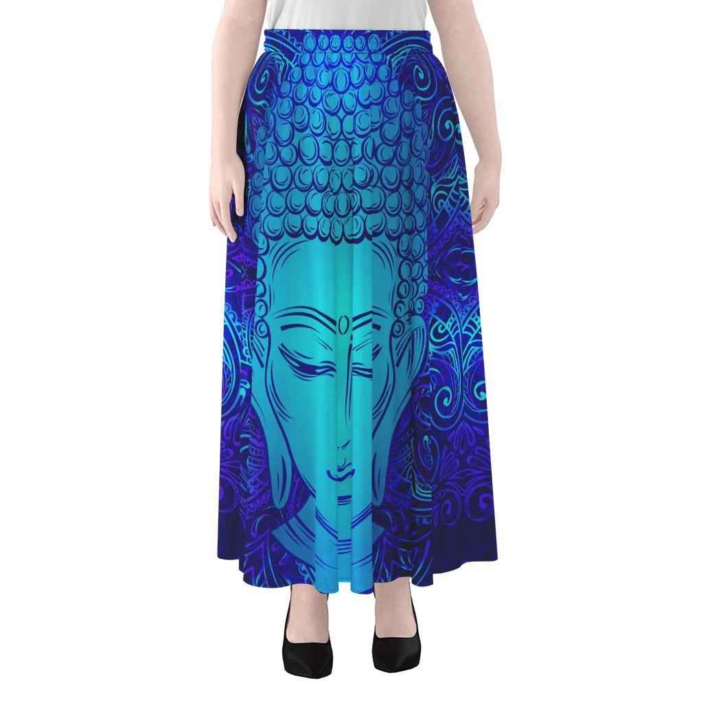 Blue Buddha Print Chiffon Maxi Skirt