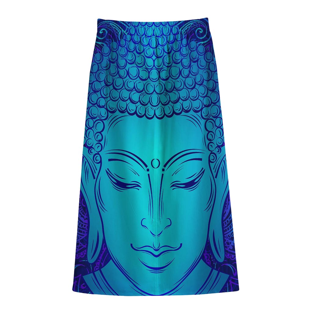 Blue Buddha Print Cotton Front Slit Maxi Skirt