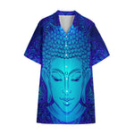 Blue Buddha Print Cotton Hawaiian Shirt