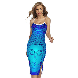 Blue Buddha Print Cross Back Cami Dress