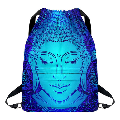 Blue Buddha Print Drawstring Backpack