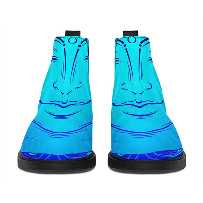 Blue Buddha Print Flat Ankle Boots