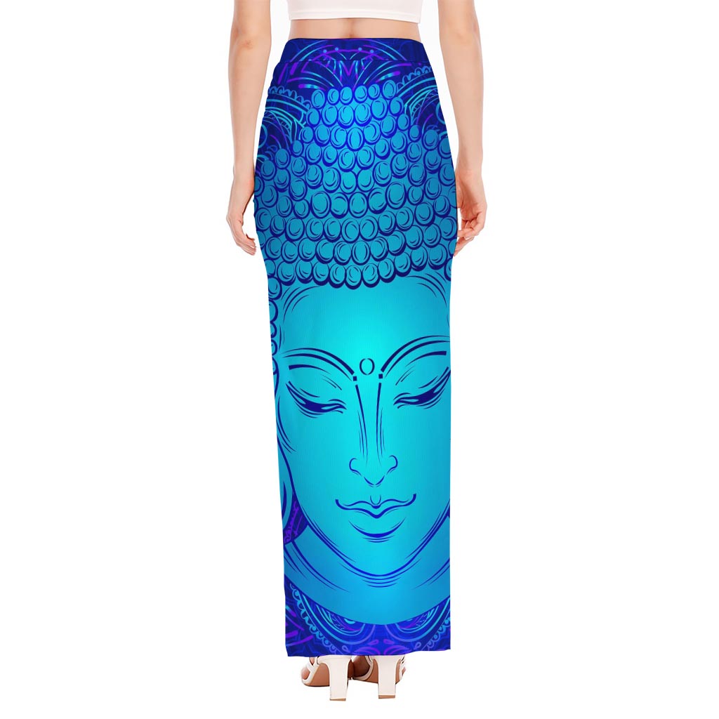 Blue Buddha Print High Slit Maxi Skirt