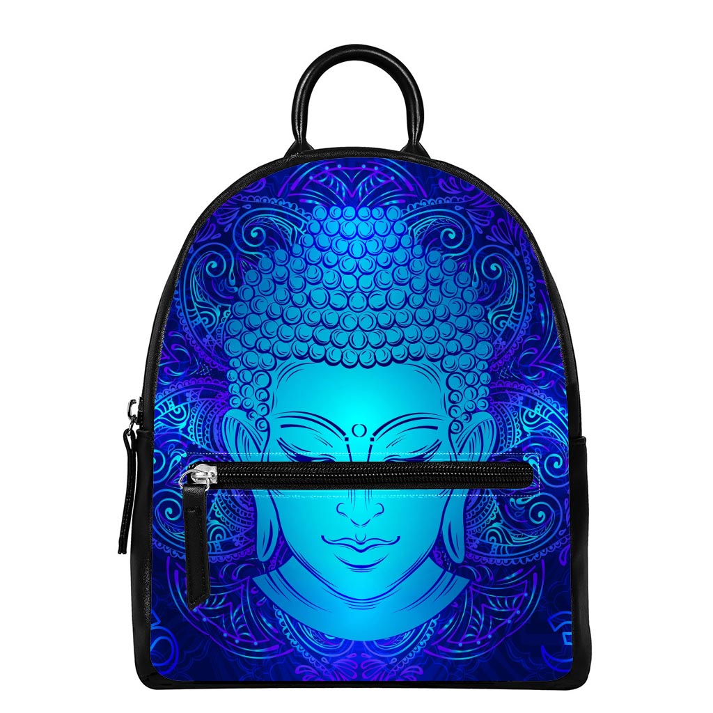 Blue Buddha Print Leather Backpack