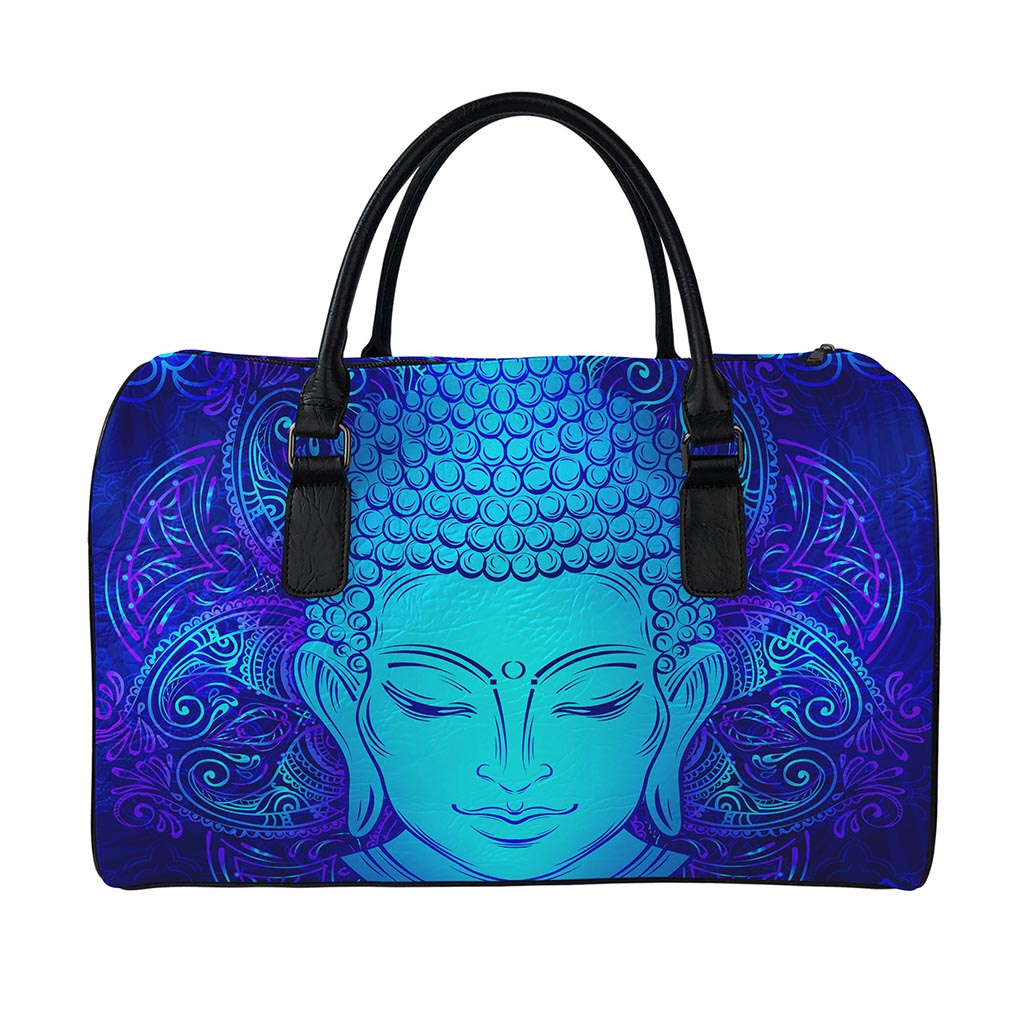 Blue Buddha Print Leather Duffle Bag