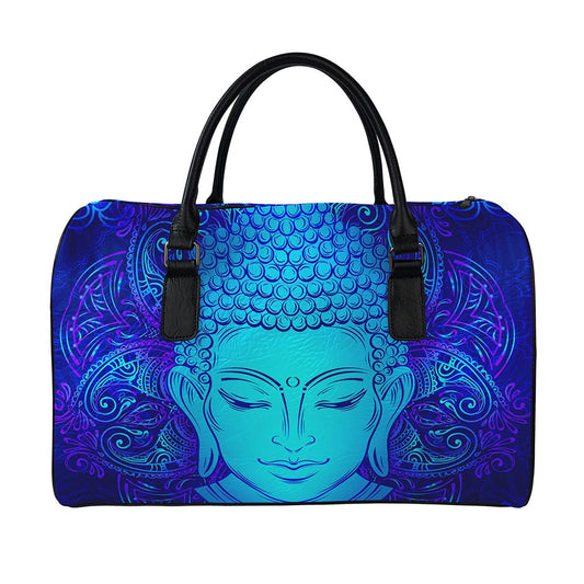 Blue Buddha Print Leather Duffle Bag