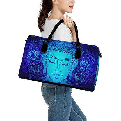 Blue Buddha Print Leather Duffle Bag