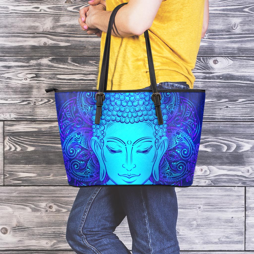 Blue Buddha Print Leather Tote Bag