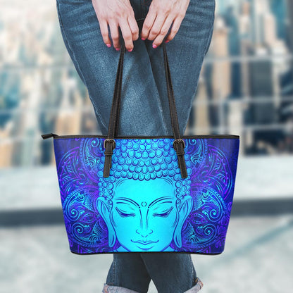 Blue Buddha Print Leather Tote Bag