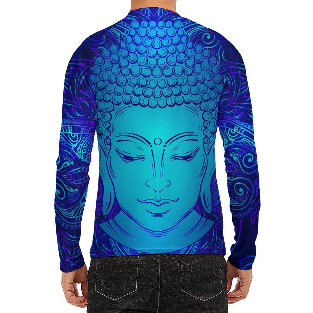 Blue Buddha Print Men's Long Sleeve Rash Guard