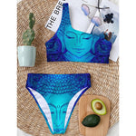 Blue Buddha Print One Shoulder Bikini Top