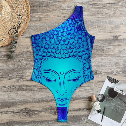 Blue Buddha Print One Shoulder Bodysuit