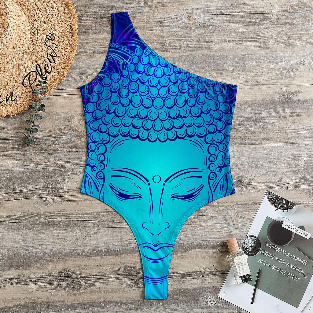 Blue Buddha Print One Shoulder Bodysuit