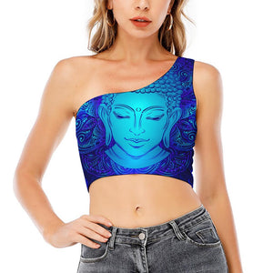 Blue Buddha Print One Shoulder Crop Top