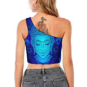 Blue Buddha Print One Shoulder Crop Top