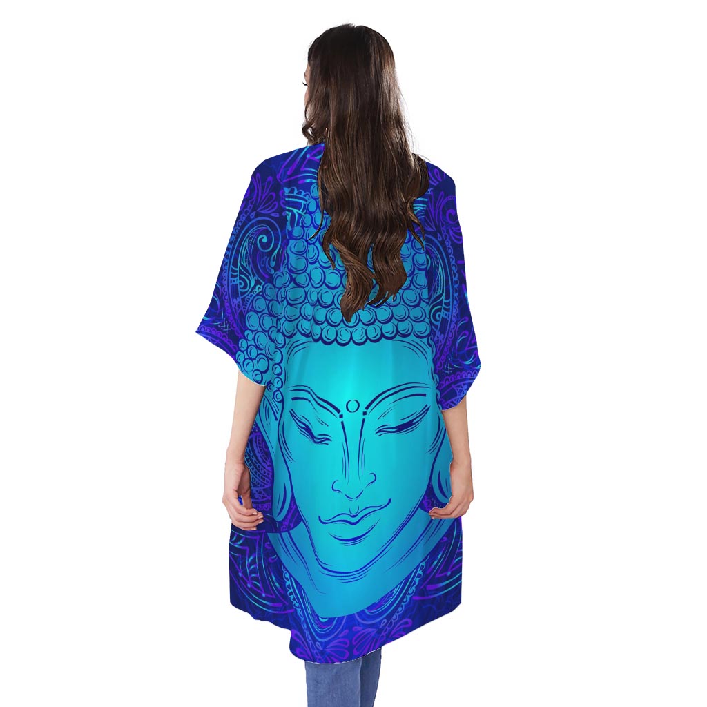 Blue Buddha Print Open Front Beach Cover Up