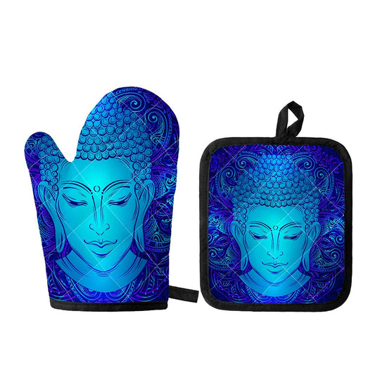 Blue Buddha Print Oven Mitt And Pot Holder Set