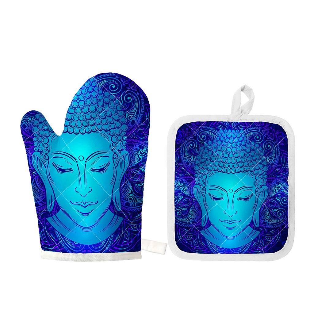Blue Buddha Print Oven Mitt And Pot Holder Set