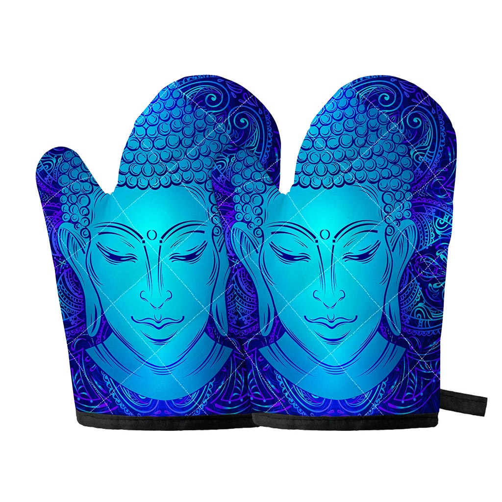 Blue Buddha Print Oven Mitts