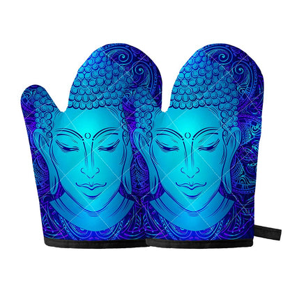Blue Buddha Print Oven Mitts