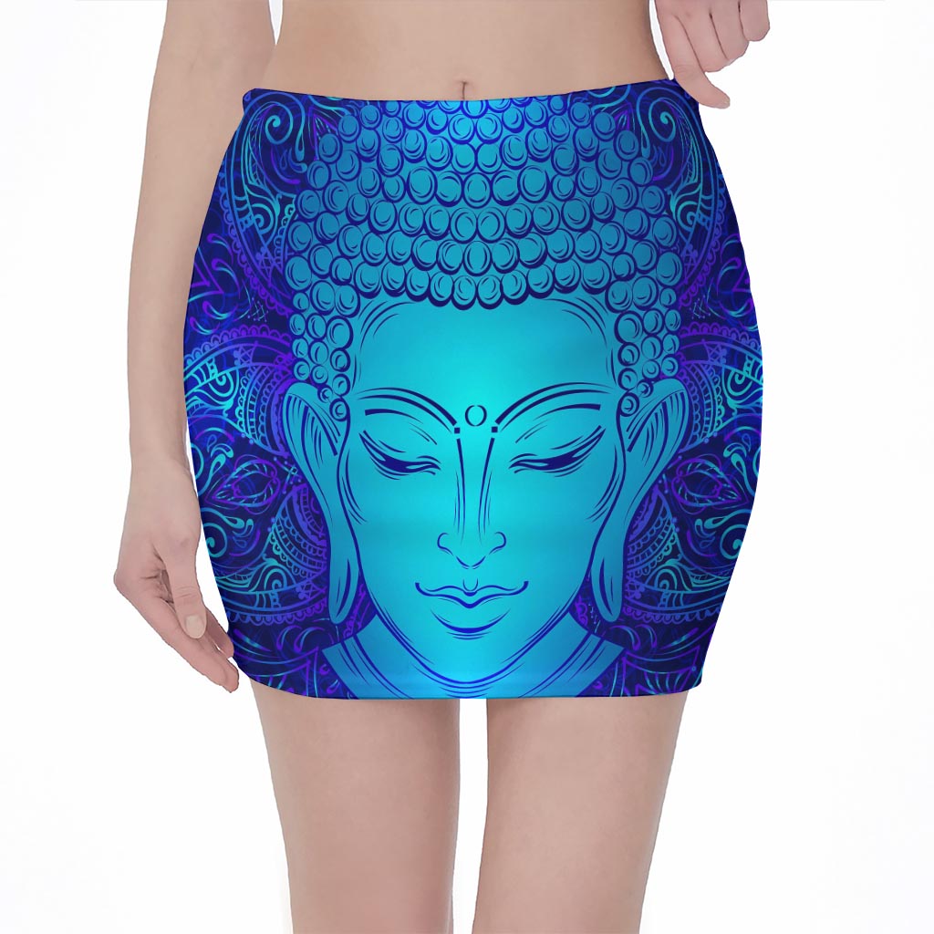 Blue Buddha Print Pencil Mini Skirt