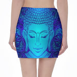 Blue Buddha Print Pencil Mini Skirt