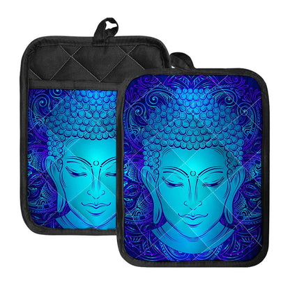 Blue Buddha Print Pot Holders With Pocket