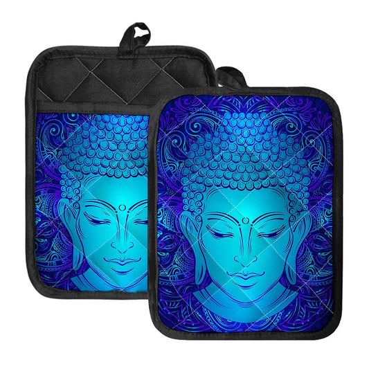 Blue Buddha Print Pot Holders With Pocket