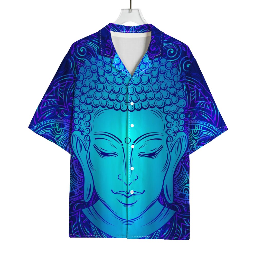 Blue Buddha Print Rayon Hawaiian Shirt