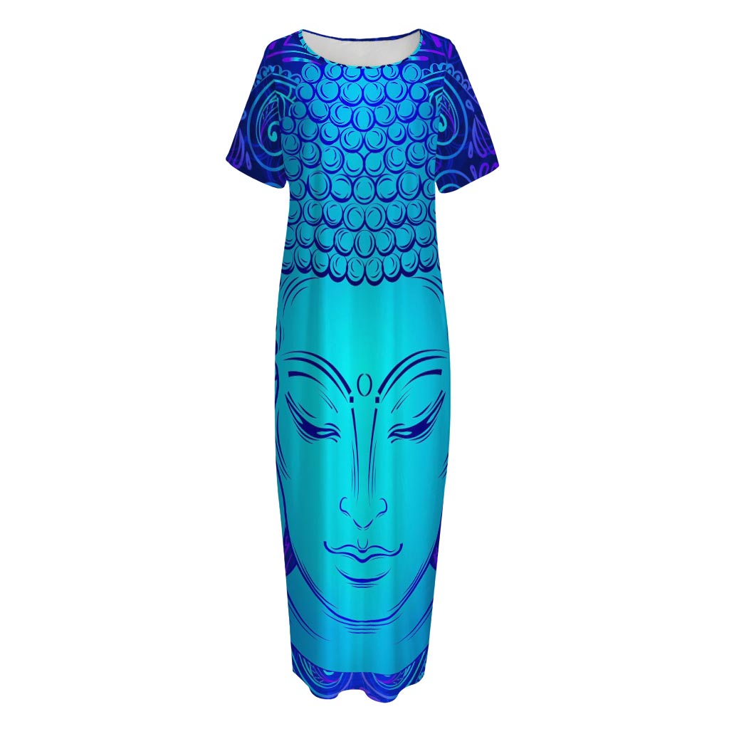 Blue Buddha Print Short Sleeve Long Nightdress