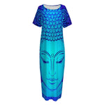 Blue Buddha Print Short Sleeve Long Nightdress