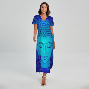 Blue Buddha Print Short Sleeve Maxi Dress