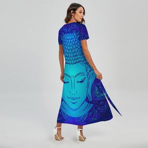 Blue Buddha Print Short Sleeve Maxi Dress