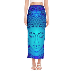 Blue Buddha Print Side Slit Maxi Skirt