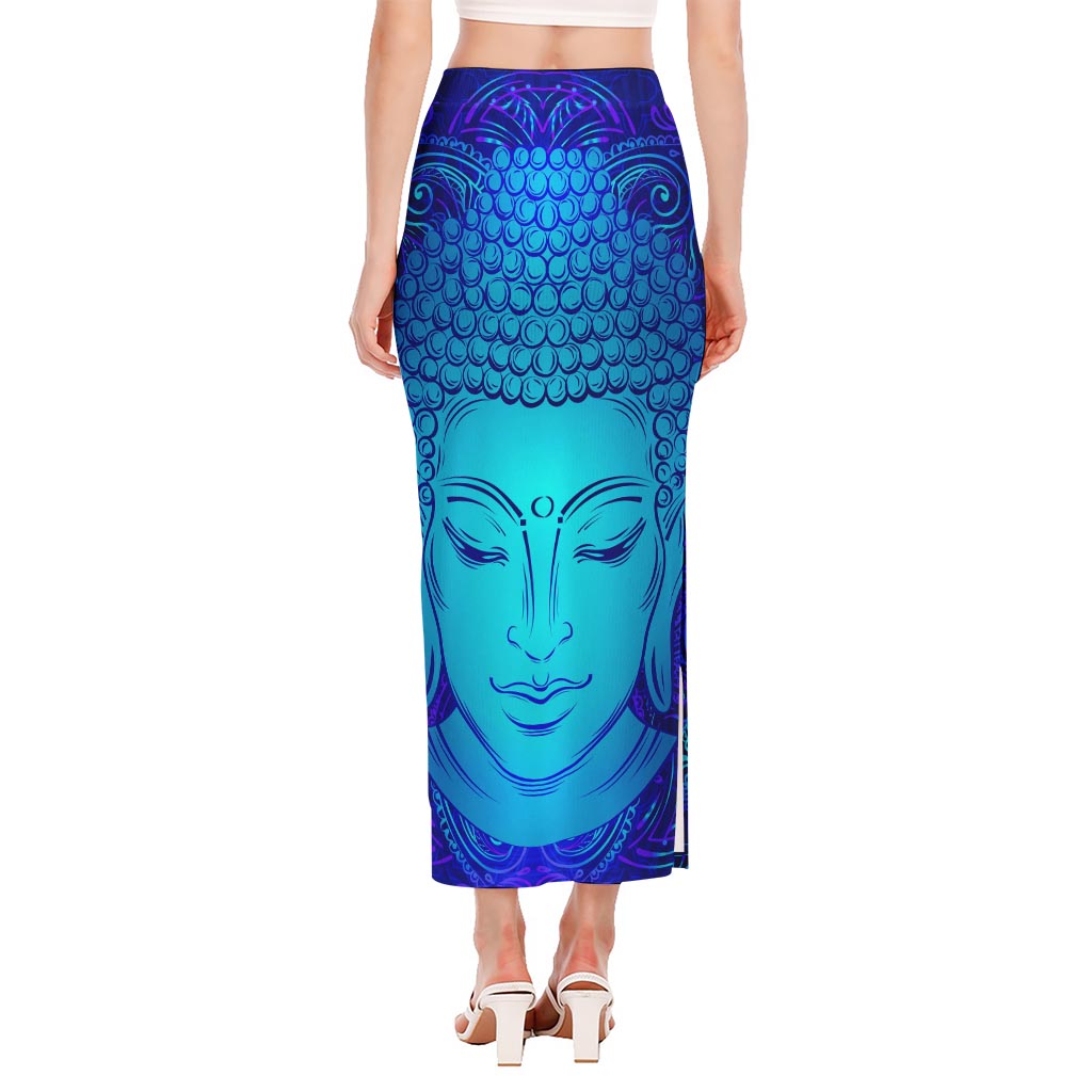 Blue Buddha Print Side Slit Maxi Skirt