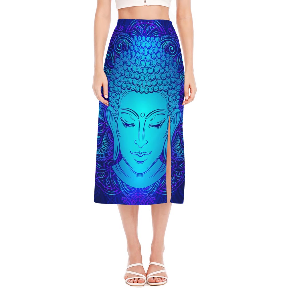 Blue Buddha Print Side Slit Midi Skirt