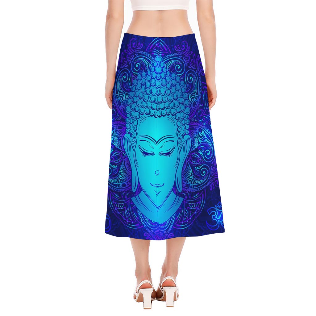 Blue Buddha Print Side Slit Midi Skirt